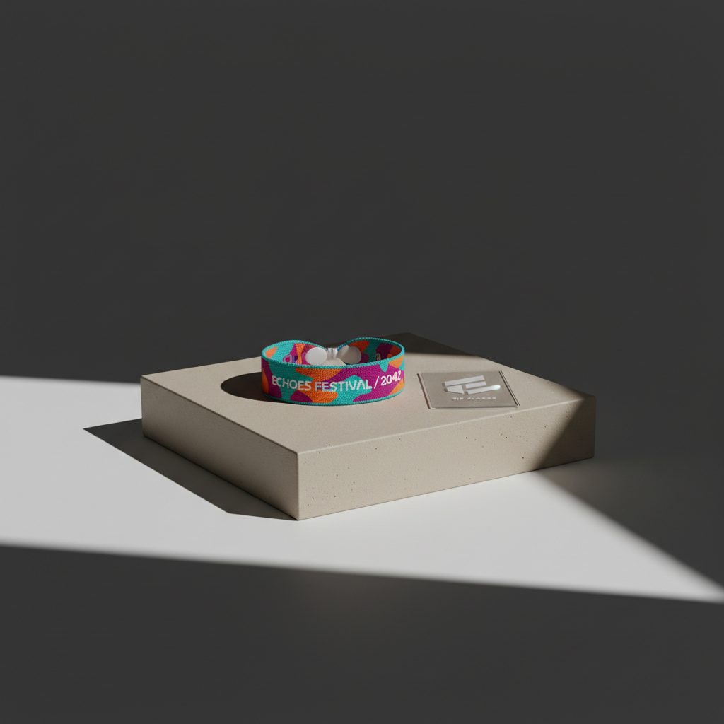 A low, rectangular pedestal in matte sand-colored concrete supports a single, meticulously detailed event wristband made from woven fabric in saturated tropical hues—turquoise, mango orange, and deep magenta—printed with minimal, futuristic typography. Next to it lies a slim, transparent acrylic pass etched with a clean logo, resting at a slight angle. A razor-sharp spotlight from the upper right creates intense contrast, sculpting the wristband’s woven texture and casting a bold, angular shadow that extends dramatically across the minimalist background of solid charcoal gray. Captured at eye level with a medium focal length for true-to-life proportions, the scene feels like a museum-style product shot. The atmosphere is bold, exclusive, and experiential, evoking high-concept events and culture-driven brand activations in crisp photographic realism.