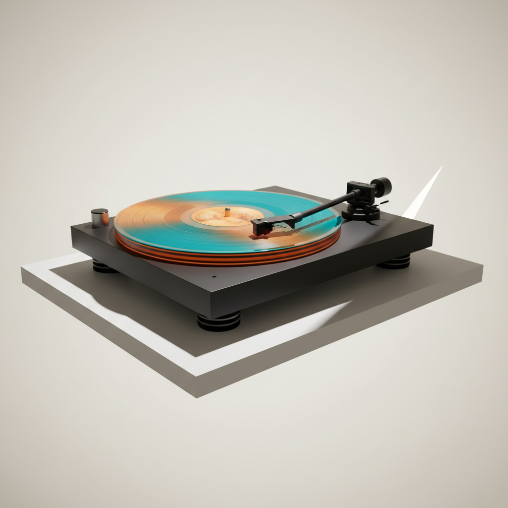 A minimalist, matte-black turntable with a precisely machined tonearm and a translucent smoked platter spins a vividly colored record marbled with turquoise and amber, symbolizing Caribbean influence. The turntable rests on a low, white pedestal that seems to float against an infinite, pale gradient backdrop. From the right, a knife-edged beam of light skims across the platter, catching subtle reflections on the vinyl’s grooves and casting an elongated, razor-sharp shadow of the tonearm onto the pedestal surface. Photographed from a low, cinematic angle with a slightly wide lens, the composition emphasizes the record’s dominance in the frame. The atmosphere is bold, refined, and sound-obsessed, evoking high-fidelity listening and music-driven brand storytelling in clean, hyper-realistic photographic style.