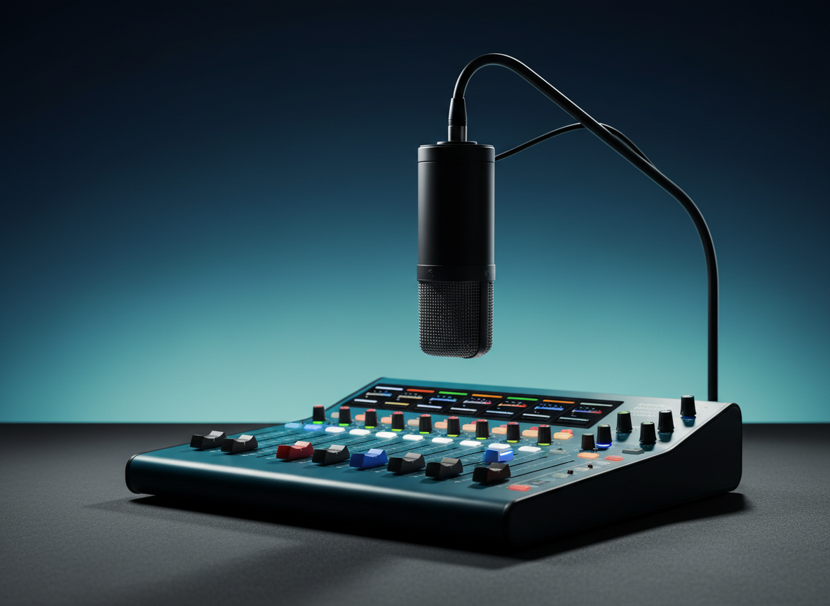 A sleek, matte-black studio microphone suspended from a minimalist boom arm hovers above a glossy, deep teal mixing console dotted with glowing LED meters and color-coded faders. The equipment sits on a smooth charcoal surface against a clean, gradient background fading from rich midnight blue to soft turquoise. Sharp, directional side lighting from the left carves out crisp highlights along the microphone’s metal grille and casts long, precise shadows across the console. Captured at a slightly low, three-quarter angle with a shallow depth of field, the foreground details are razor sharp while the background melts into blur. The mood is bold, cinematic, and high-end, evoking a cutting-edge creative studio in photographic realism with a clean, modern, culture-driven aesthetic.