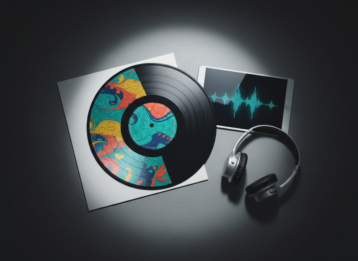 A vibrant, oversized vinyl record with a custom, abstract label inspired by Caribbean patterns rests partly pulled from a matte-white sleeve on a smooth stone-gray tabletop. Beside it, a minimal tablet with a glowing waveform display and sleek wireless headphones with brushed metal accents suggest digital strategy meeting analog culture. A strong, focused overhead spotlight creates crisp circular shadows and sharp reflections along the tablet’s glass surface, while the background remains an uncluttered, gradient off-black. Shot from a top-down, bird’s-eye perspective with balanced composition, the image feels graphic and intentional. The atmosphere is bold, innovative, and rooted in music culture, emphasizing the bridge between old-school sound and modern media strategy in clean photographic realism.