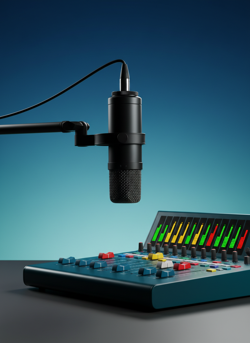 A sleek, matte-black studio microphone suspended from a minimalist boom arm hovers above a glossy, deep teal mixing console dotted with glowing LED meters and color-coded faders. The equipment sits on a smooth charcoal surface against a clean, gradient background fading from rich midnight blue to soft turquoise. Sharp, directional side lighting from the left carves out crisp highlights along the microphone’s metal grille and casts long, precise shadows across the console. Captured at a slightly low, three-quarter angle with a shallow depth of field, the foreground details are razor sharp while the background melts into blur. The mood is bold, cinematic, and high-end, evoking a cutting-edge creative studio in photographic realism with a clean, modern, culture-driven aesthetic.