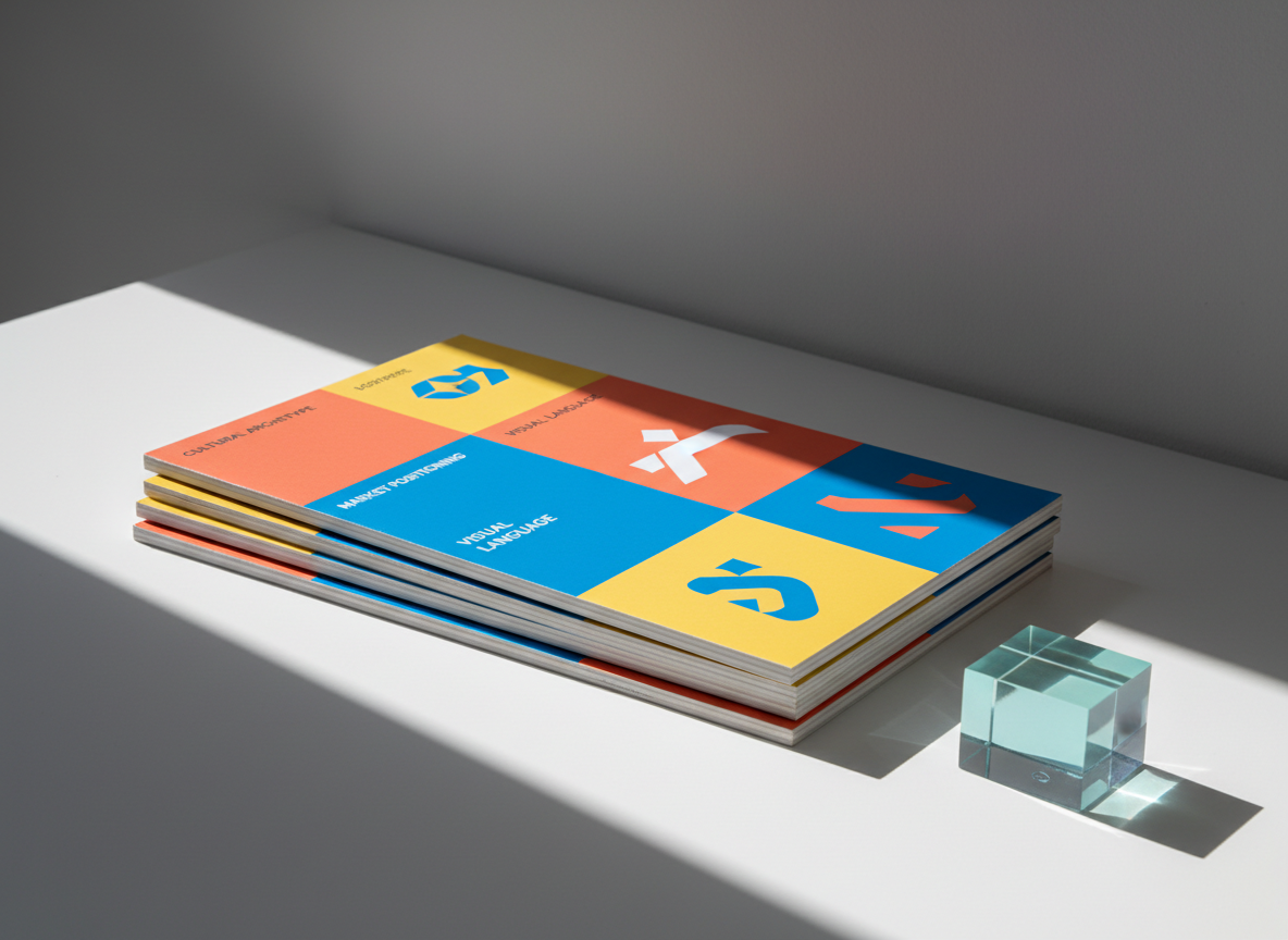 A stack of thick, premium matte-finish brand strategy boards fan out across a pristine white desk, each board featuring bold geometric color blocks in coral, electric blue, and sunlit yellow, with minimal typography and abstract logo explorations. A single translucent acrylic cube, tinted with subtle Caribbean sea tones, anchors one corner of the layout. A narrow beam of sharp directional light cuts diagonally across the scene, illuminating portions of the boards and casting long, well-defined shadows that emphasize depth and hierarchy. The background fades to an empty, pale gray, keeping attention on the work. Photographed from a slightly elevated angle with crisp focus throughout, the mood is assertive, strategic, and design-forward, conveying the process of turning cultural ideas into market-ready visual concepts.