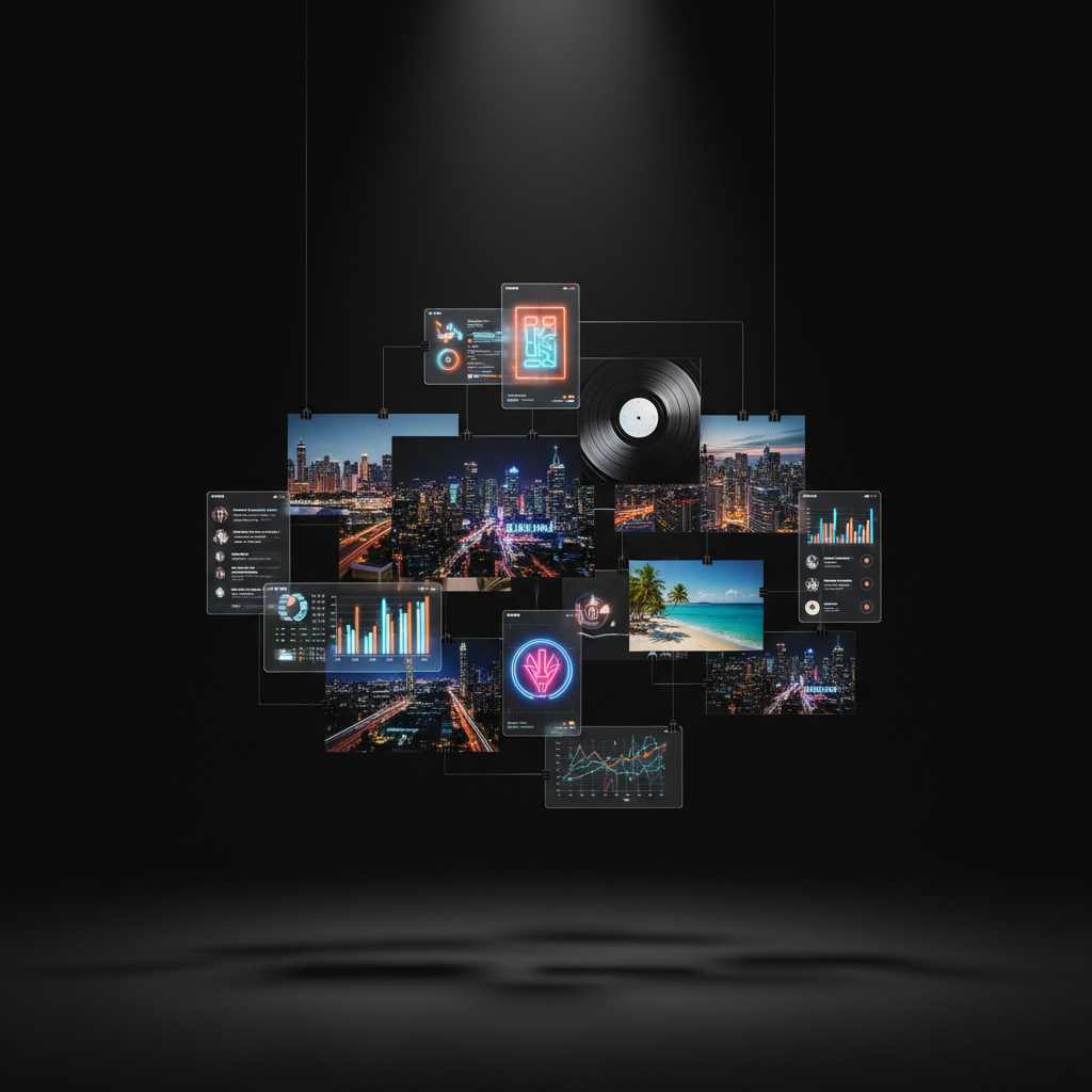 A floating, deconstructed mood board appears suspended in midair against a seamless, soft-black backdrop: glossy photo prints of city skylines at night, close-ups of vinyl grooves, neon signage, and Caribbean shorelines hover alongside translucent UI overlays of analytics charts and social feeds. Thin, metallic clips and invisible threads subtly suggest structure without clutter. A tight, directional spotlight from above and slightly behind creates a halo of light around the central cluster, throwing intricate, overlapping shadows onto the background and emphasizing depth. Shot from a straight-on perspective with a slightly wide frame, every element is sharply rendered while the edges fall into darkness. The mood is bold, visionary, and cinematic, representing the fusion of culture, storytelling, and data-driven media strategy in a sleek, photographic, concept-driven style.